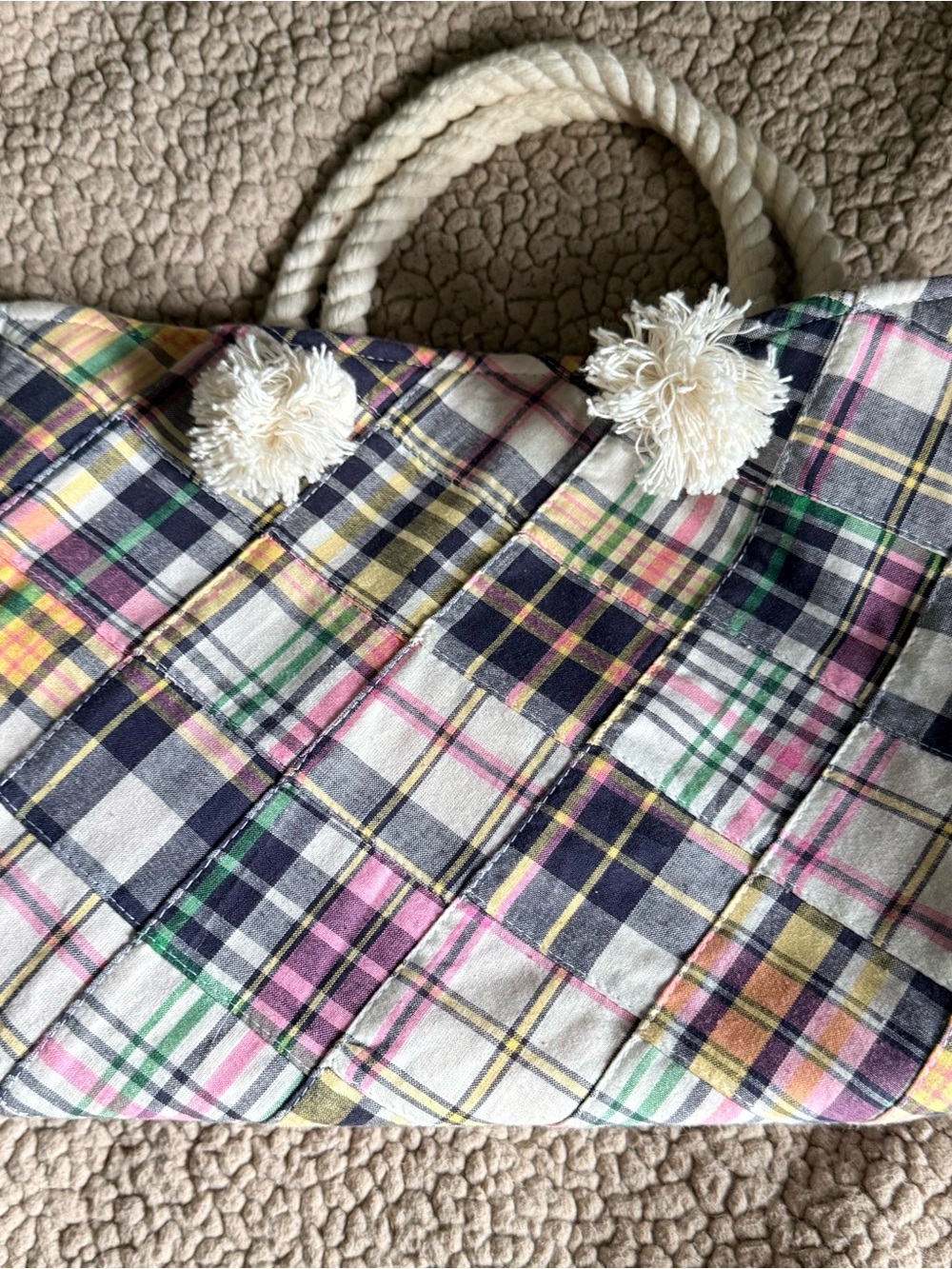 Plaid Patchwork Tote Bag with Rope Handles - Multicolor - Picture 5 of 5